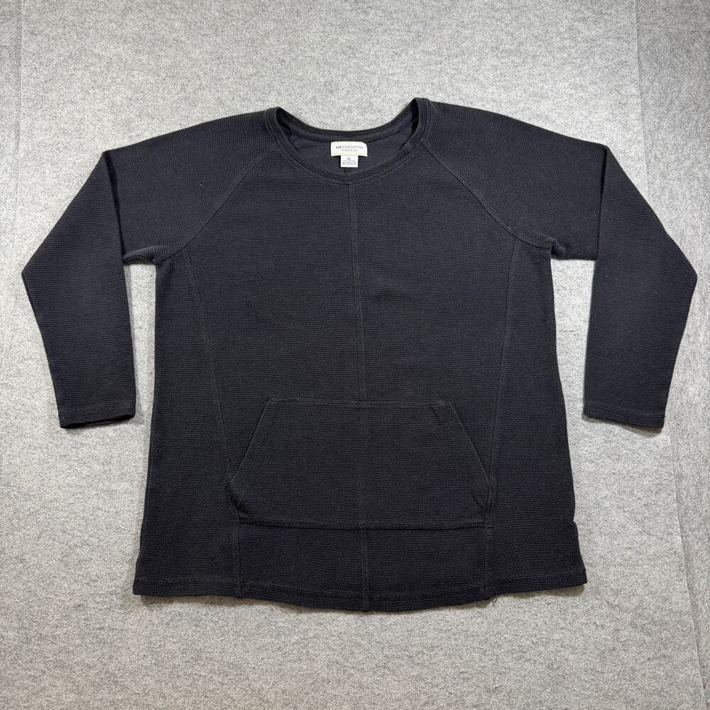 Liz Claiborne Weekend Sweater Women XL Black Waffle Knit Thermal Kangaroo Pocket